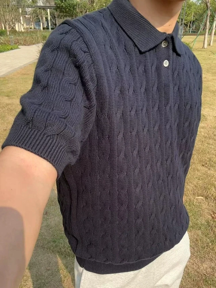 Retro Knitted POLO Shirt Men's Short Sleeve Summer New American Style Vintage Collared T-Shirt High-End Feeling Polyester Fiber