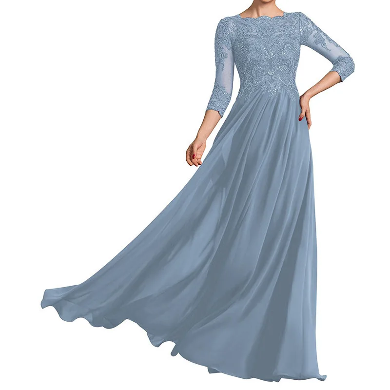 QMANSHA Maßgeschneidertes langes Brautjungfernkleid mit dreiviertellangen Ärmeln, Spitze, Chiffon, formelles Abendkleid, A-Linie, Hochzeits- und Partykleid – Detail 9