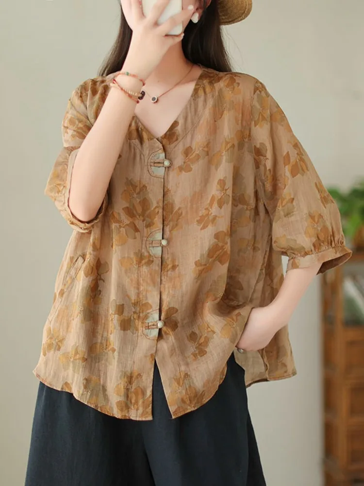 

Льняная рубашка с V-образным вырезом и принтом для женщин, летняя, легкая, дышащая, свободного кроя, больших размеров, повседневная, стройнящая, элегантная.