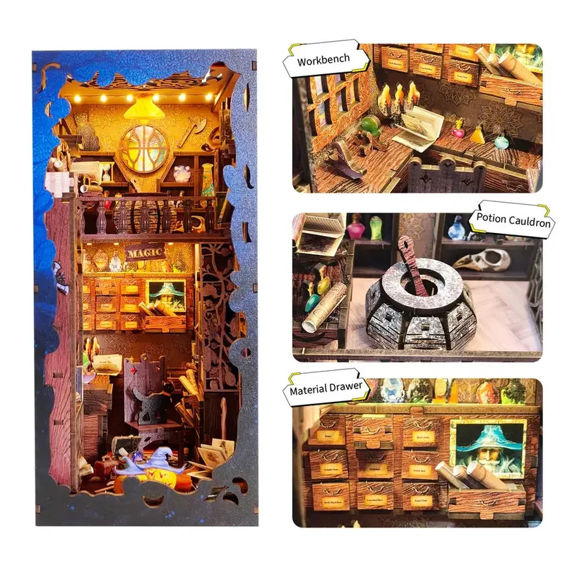 DIY Wooden Shadow Moon Magical Academy Book Nook Shelf Insert Kits Miniature Model Kit With Lights Bookend for Friends Gifts