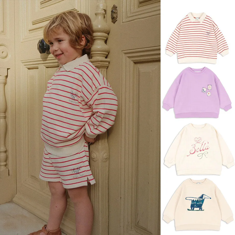 

Boys Girls Sweatshirt 2025 Fall New KS Cartoon Fashion Kids Sweater Cotton Striped Loose Girls Sweatshirt Children's Clothing