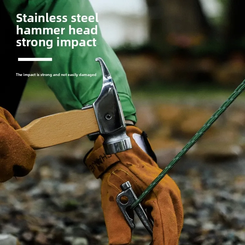 Portable Outdoor Camping Beech Wood Handle Stainless Steel/Brass Head Safe Tent Stakes and Pegs Hammer view 3