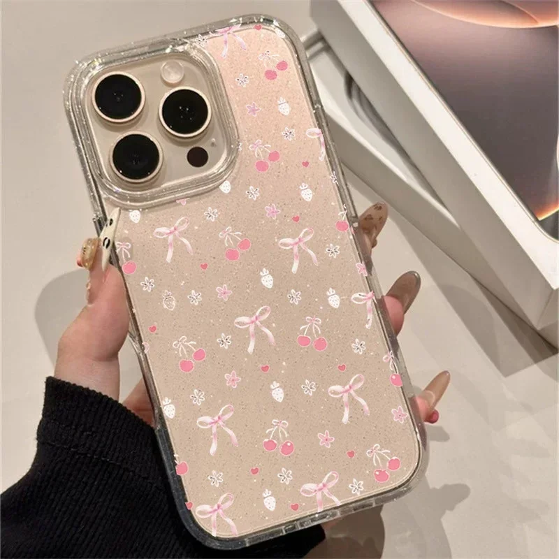 Pink Cherry Small Bow Cute Glitter Phone Case For iPhone 17 16 15 14 13 12 11 Pro MAX 17air MINI XR XSMAX 78 Plus Y2K Soft Cover view 5