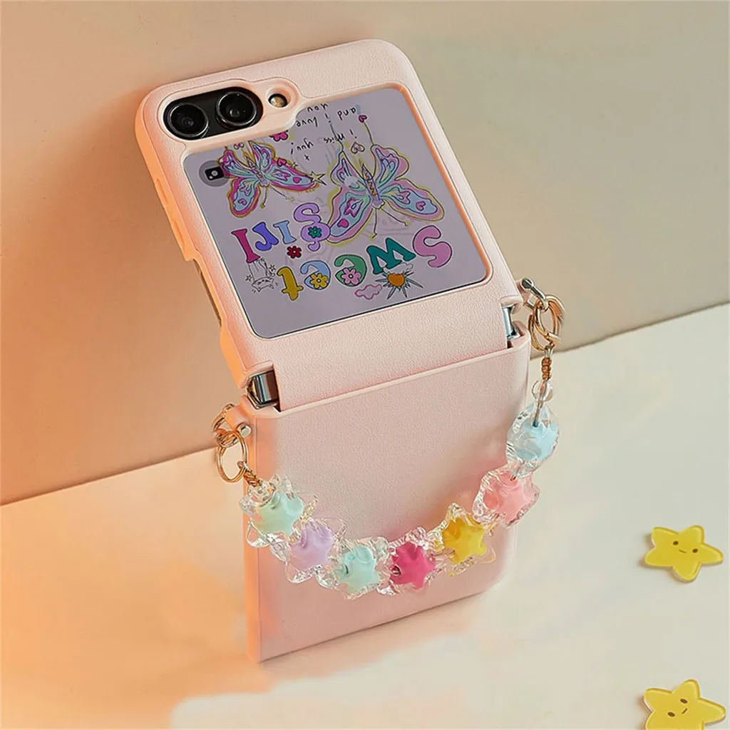 Fashion Pink Hinge Leather Phone Case With Cute Portable Candy Color Stars Bracelet For Samsung Galaxy Z Flip 6 5 4 3 ZFLIP6 5G