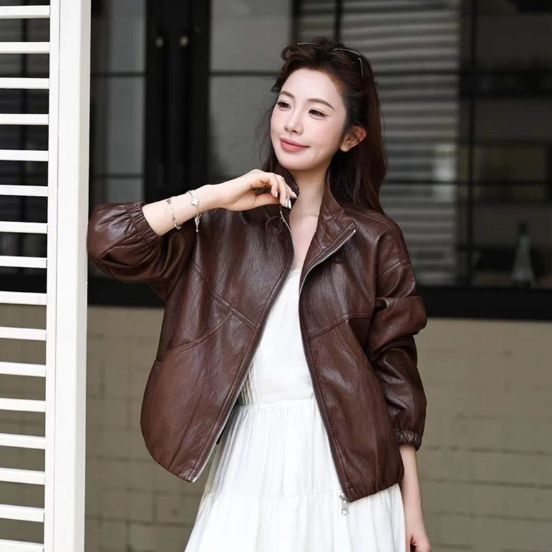 High Quality Faux Pu Leather Jacket Women Loose Casual Stand Collar Long Sleeve Spring Autumn Female Biker Jacket Streetwear