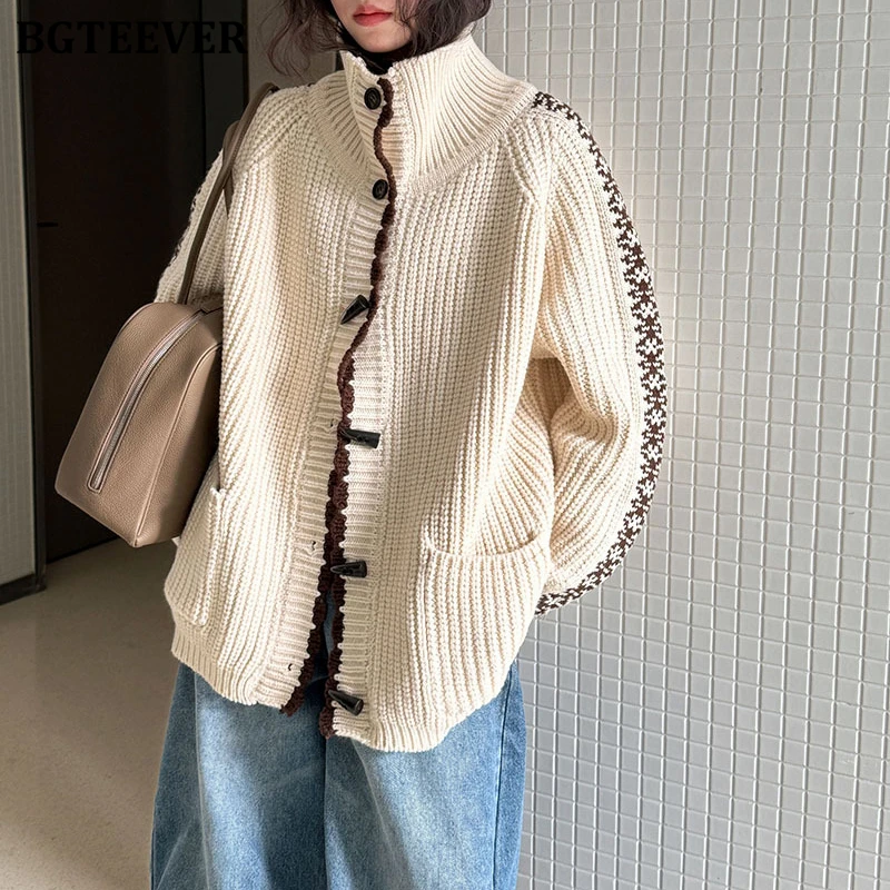 

BGTEEVER Vintage Thicken Warm Laides Patchwork Single-breasted Knitted Cardigans Autumn Winter Casual Long Sleeve Women Sweaters