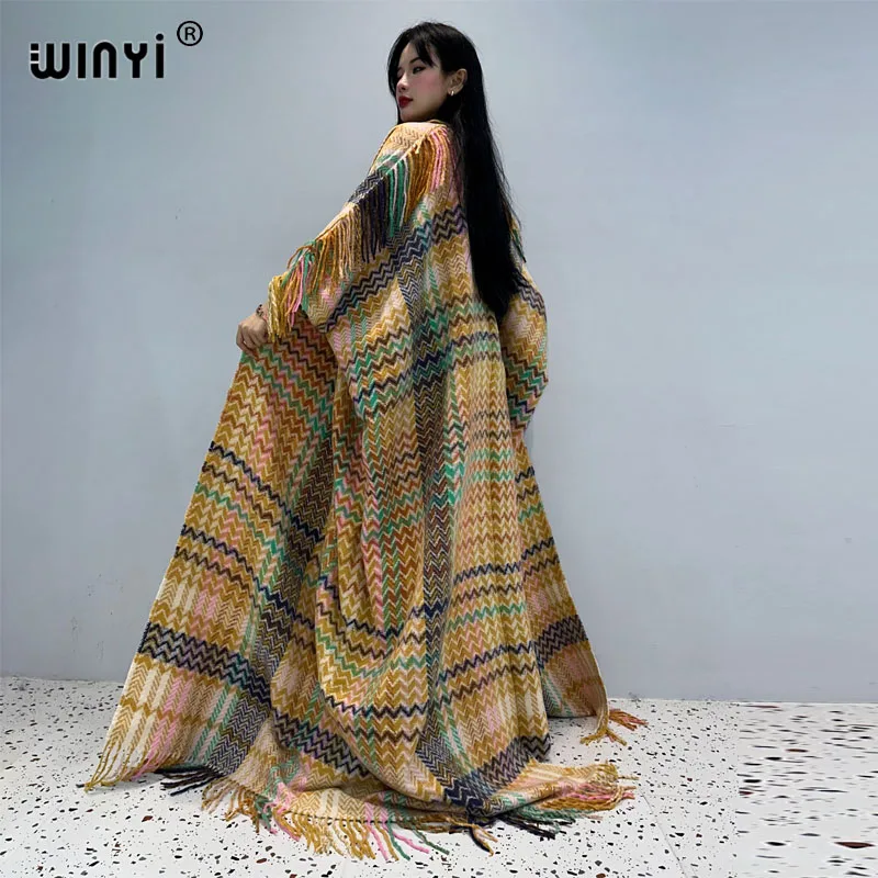 WINYI Winter new 2023 cloak Women High Quality poncho tassels Luxury Long Loose OverCoat Thick Warm Female long down coat jacket