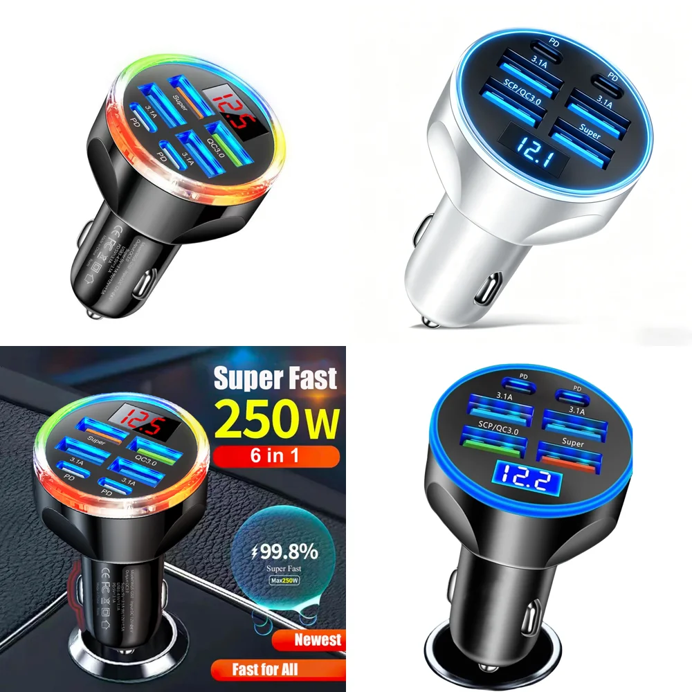 Dropshipping-Produkte Multi-Port Auto-Ladegerät USB Typ C 6-in-1 Schnellladegerät mit Spannungsanzeige für iPhone Trendprodukt