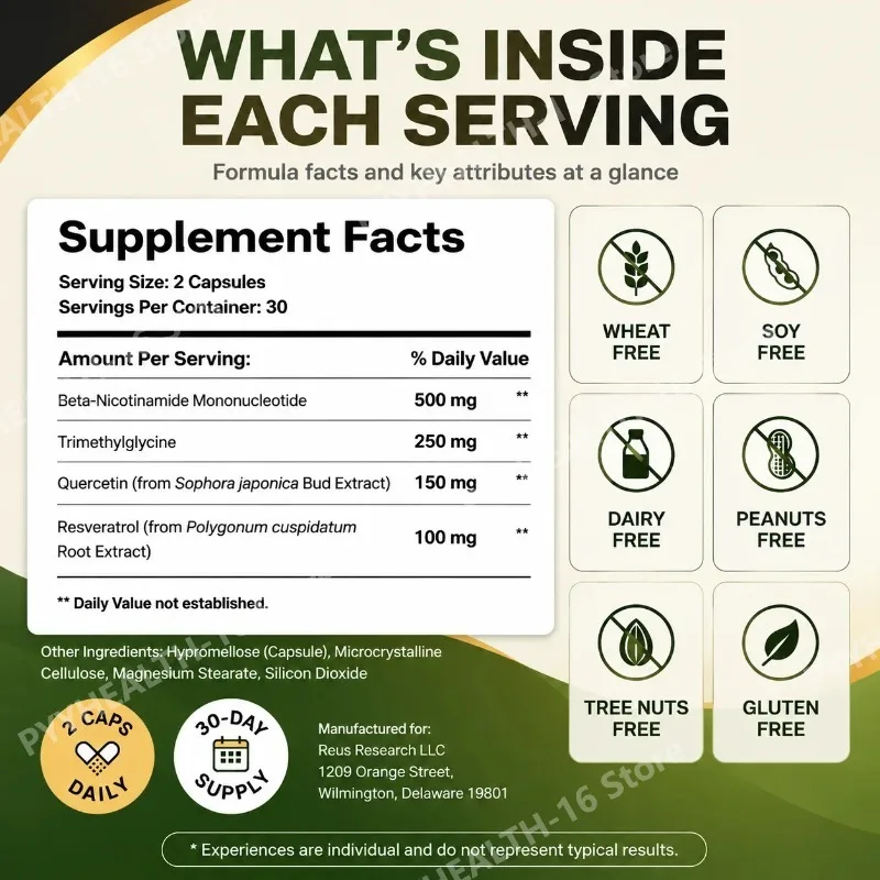 High Potency NMN Capsules 1000mg with TMG Quercetin Resveratrol, NAD+ Support for Daily Energy & Cellular Health, 60 Servings