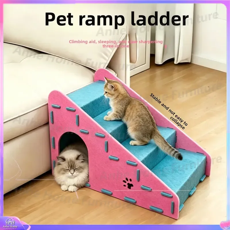 Pet Stairs for Cats and Dogs 2 Tier Felt Cat Ladder to Bed Sofa Breathable Upper Lower Nest with Integrated Scratching Board