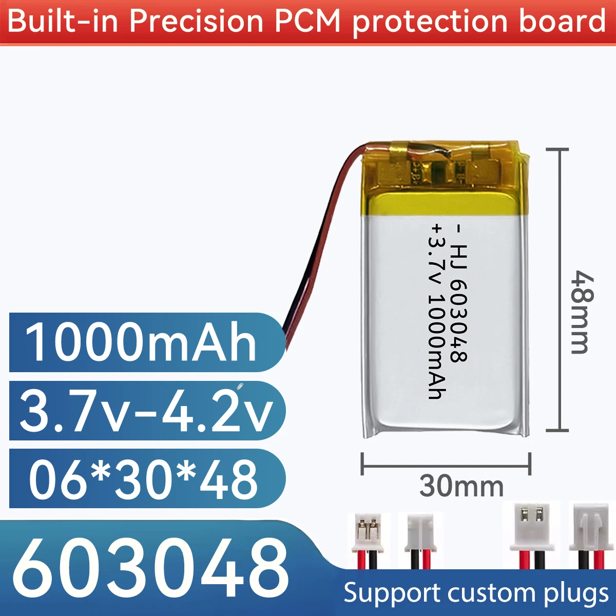 3.7V 1000mAh 603048 Lithium Polymer LiPo Battery for 303048 403048 503048 703048 803048 903048 103048+PH2.0 XH2.54 jst1.25 plug
