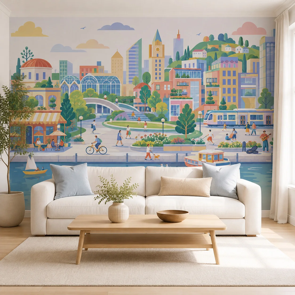 Cityscape Wall Mural Colorful Waterfront Town Illustration Wallpaper Non Self Adhesive Living Room Bedroom Kids Room House Decor