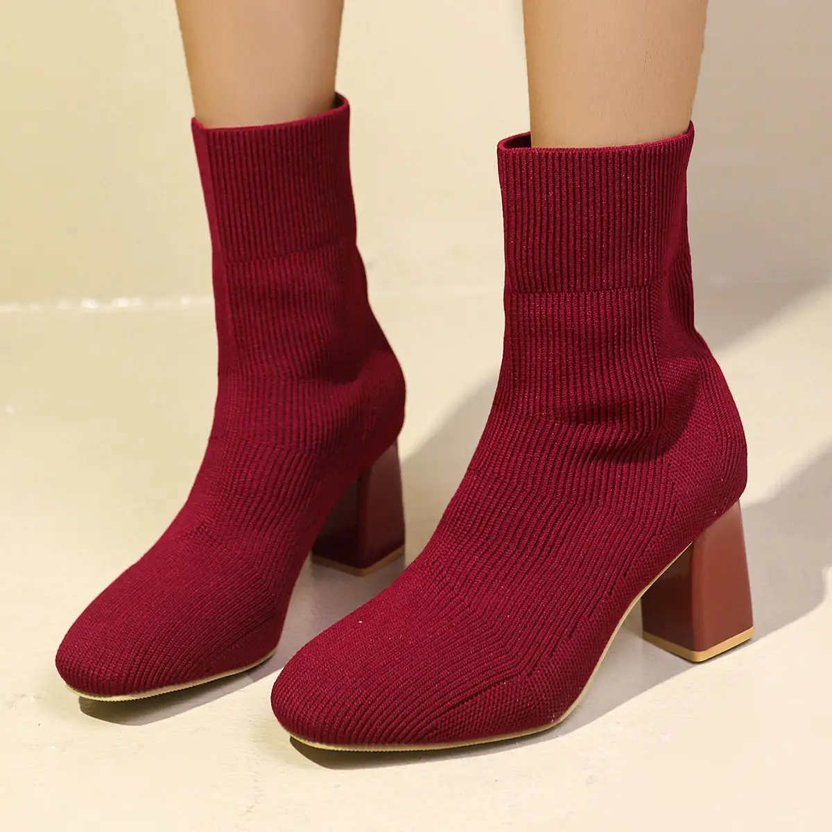 Woman Short Shoes Elastic Knit Korean Style Heeled Booties Autumn Comfortable and Elegant New In AnkleBoots for Women image 3