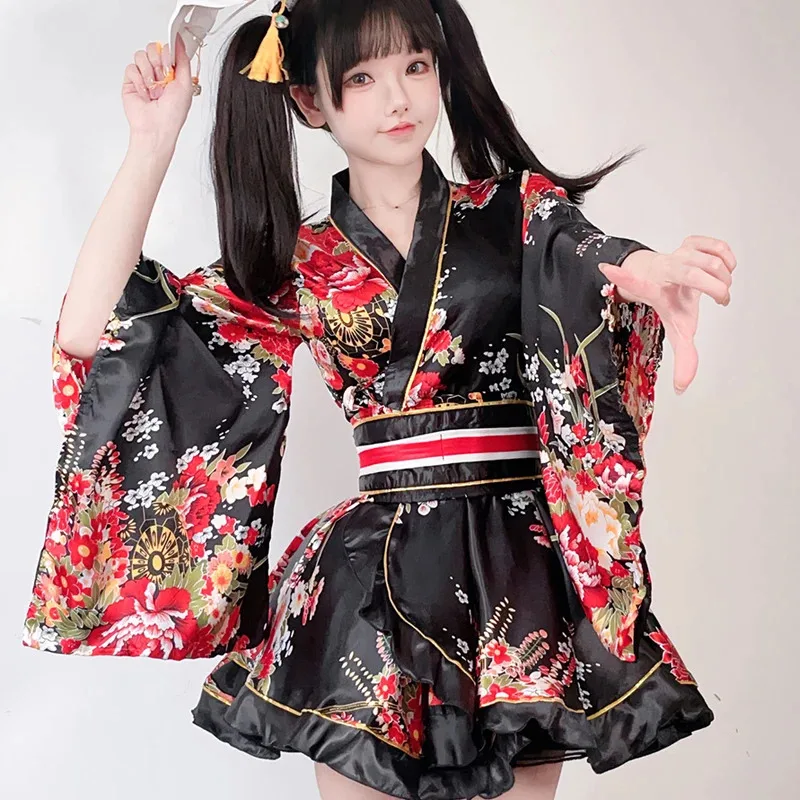 여성 일본 기모노 Raditional Cultural Cosplay Costume 멋진 드레스 게이샤 유카타 가운 꽃 Haori Set Kawaii Lolita Dresses