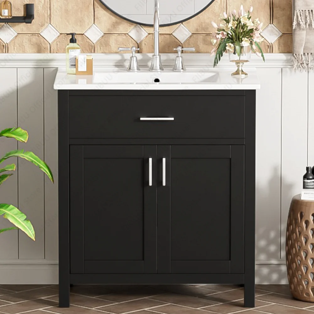 30 "ขนาดเล็กห้องน้ําอ่างล้างจาน Soft Close ประตูตู้ Undermount อ่างล้างจานเซรามิคตู้สําหรับห้องน้ําขนาดกะทัดรัด