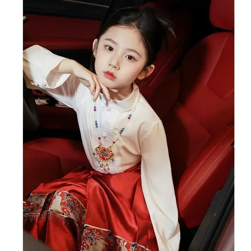 Falda roja Mamian Hanfu para niña, traje tradicional chino, dinastía Ming, falda de cara de caballo