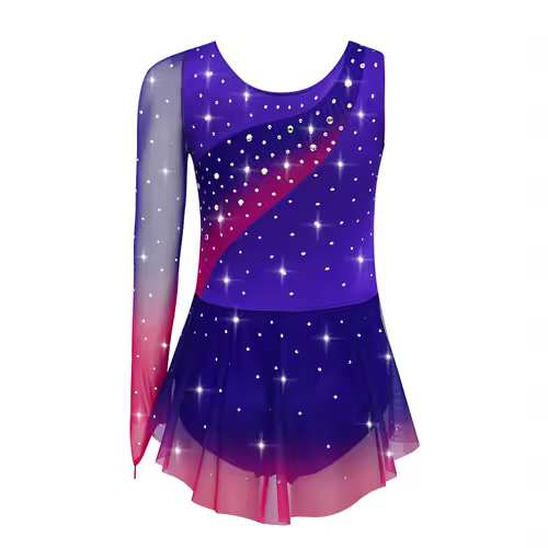 Kids Girls Figure Skating Rhythmic Gymnastics Leotard Dress Asymmetrical Split Shiny Rhinestones Contrast Color Dress Ballerina - Image 2