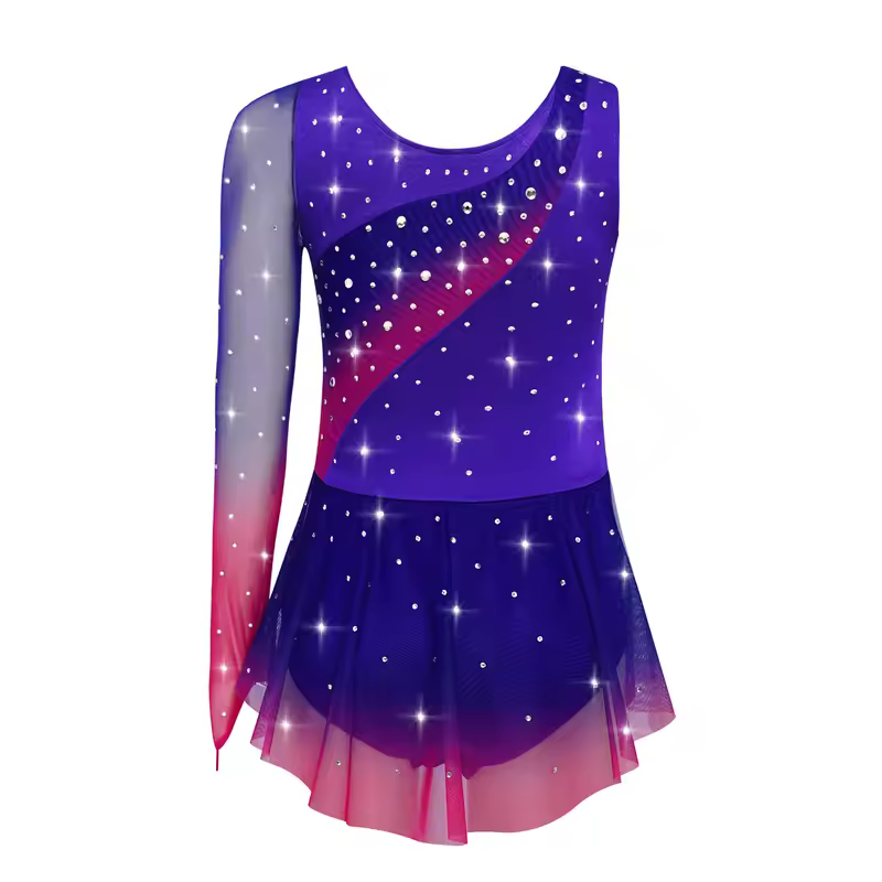 Kids Girls Figure Skating Rhythmic Gymnastics Leotard Dress Asymmetrical Split Shiny Rhinestones Contrast Color Dress Ballerina - Image 2