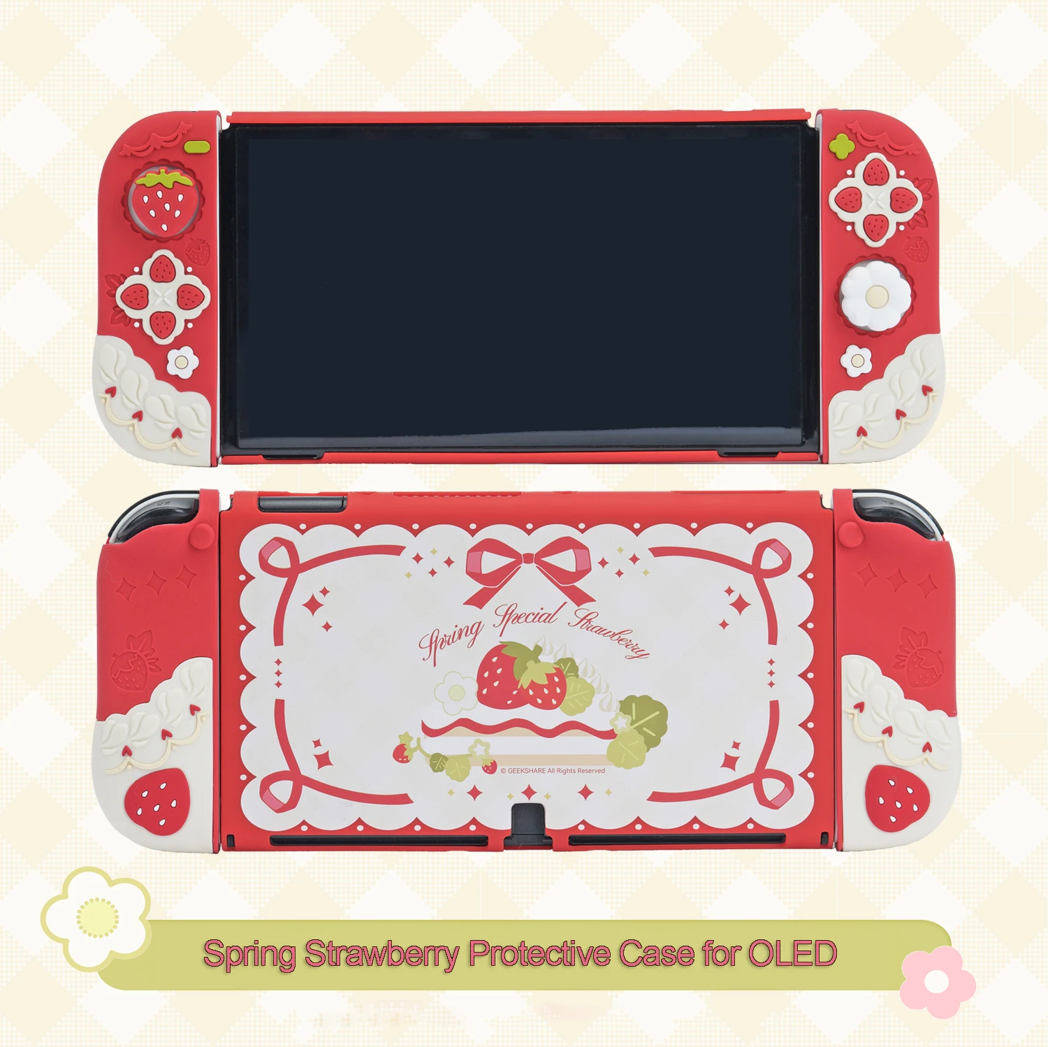 Geekshare siliconen beschermhoes en JoyCon Cover voor Nintendo Switch/OLED met 1 paar aangepaste duimgrepen, lente aardbei