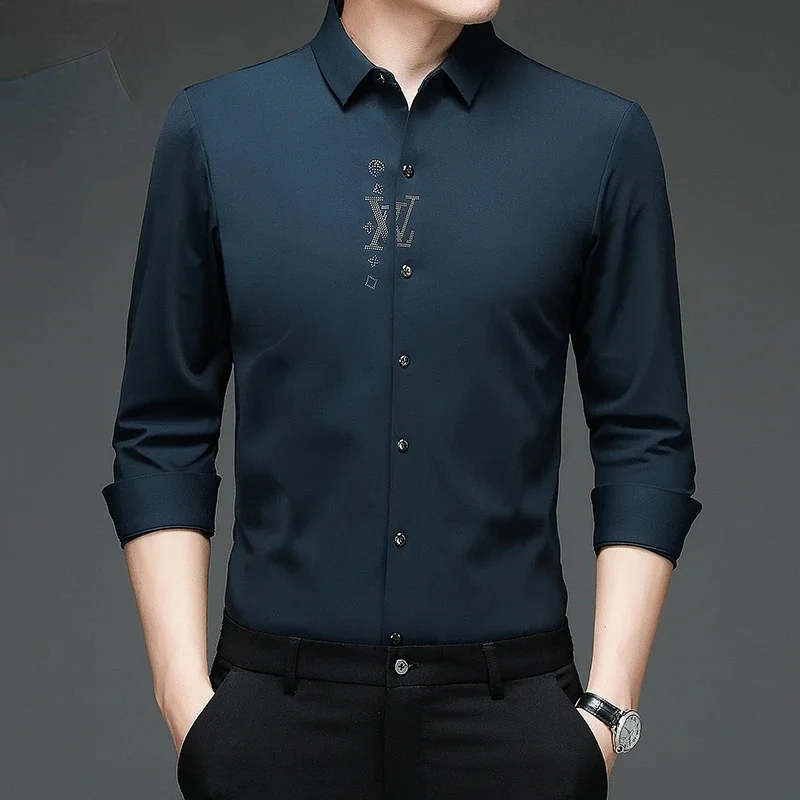 

Men's Long Sleeved Shirts Men High End 100% Mulberry Silk Business Wrinkle Resistant Ironless Real Casual Spring New