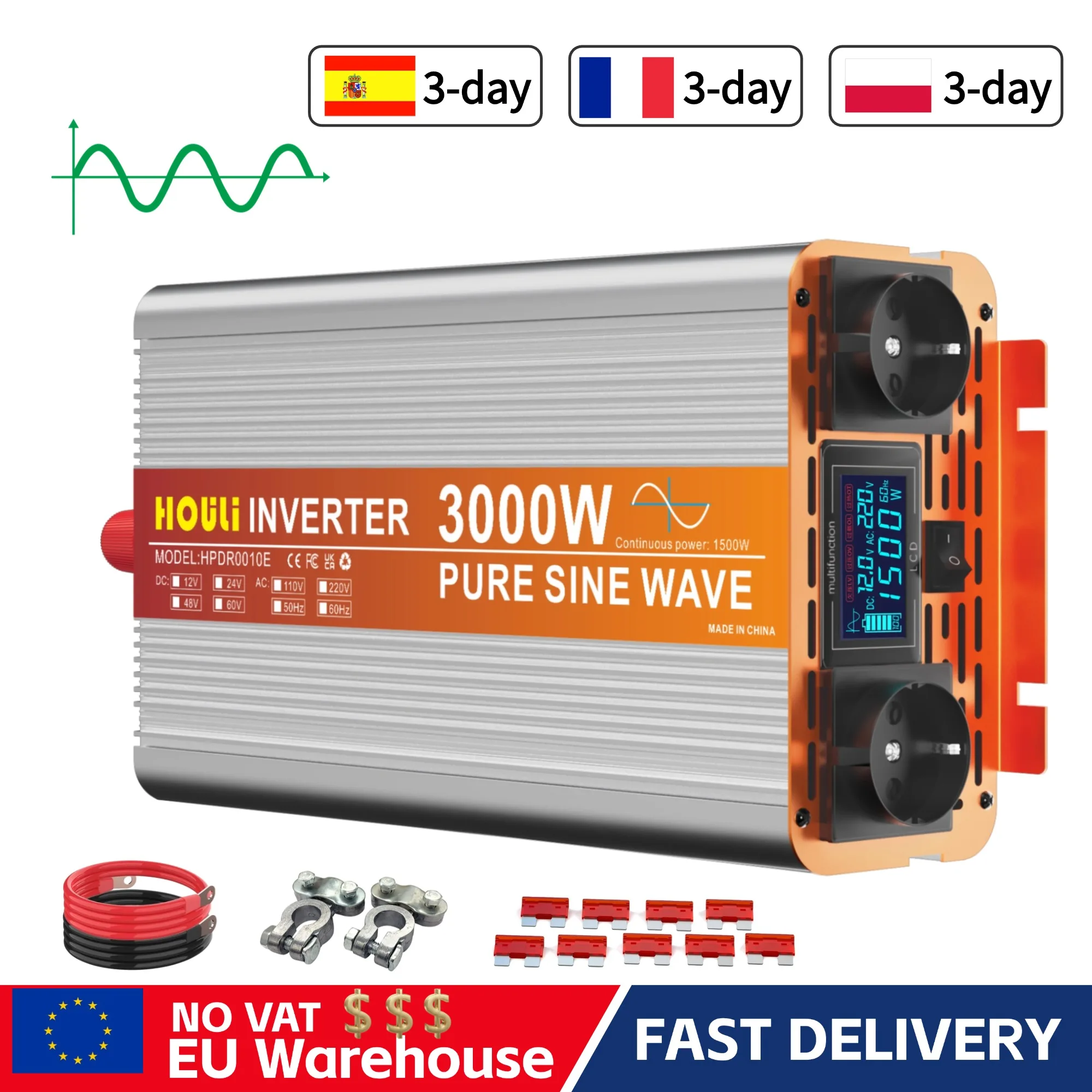 HOULI 5000W Pure Sine Wave Power Inverter, 12V/24V DC to 220V AC  with LCD Display, Dual AC Outlets, USB Port, Car Inverter