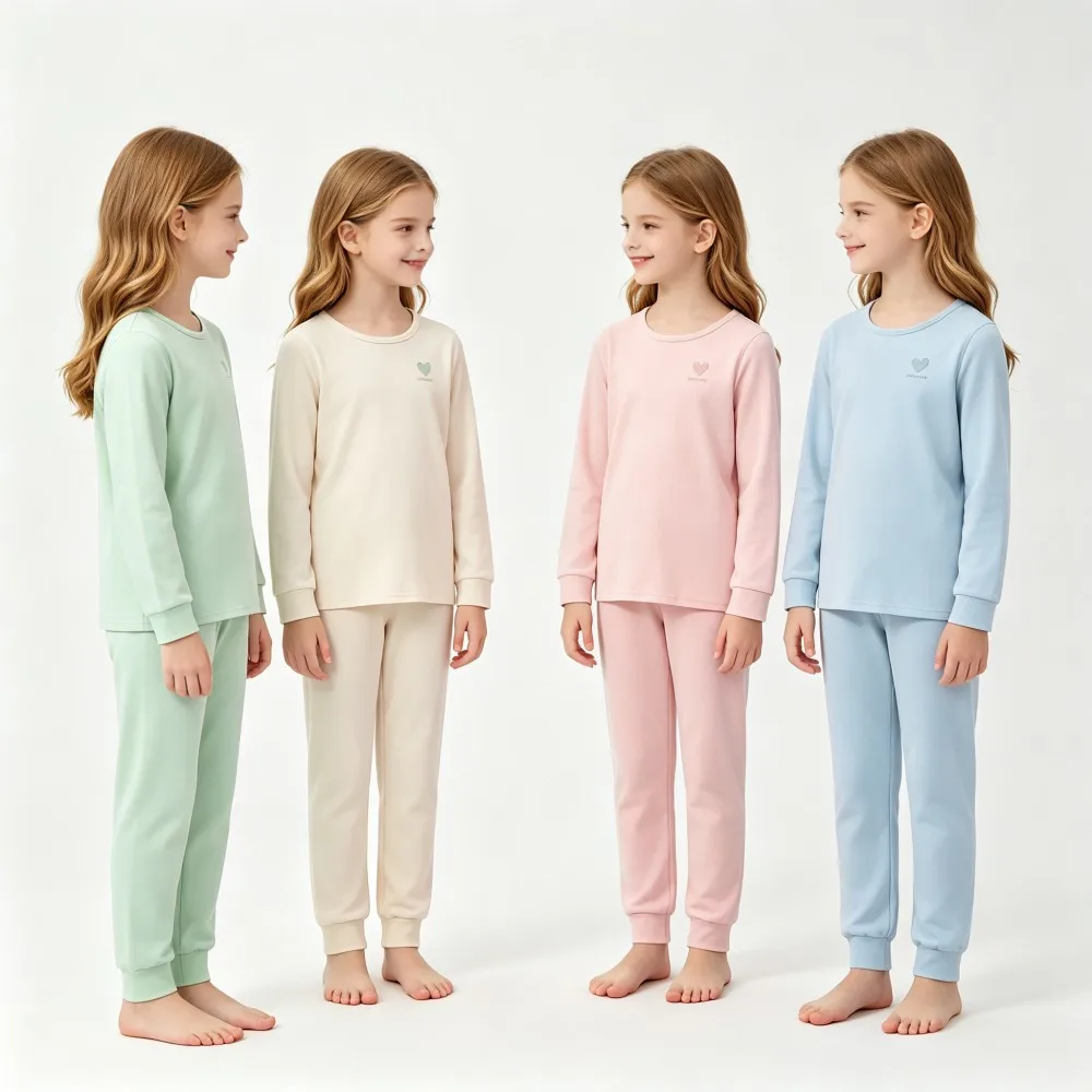 Soft Cotton Teen Girls Homewear Winter Girls Pajamas Set Solid Color Long Sleeve Top & Pants Thick Kids Night Sleepwear Outfit
