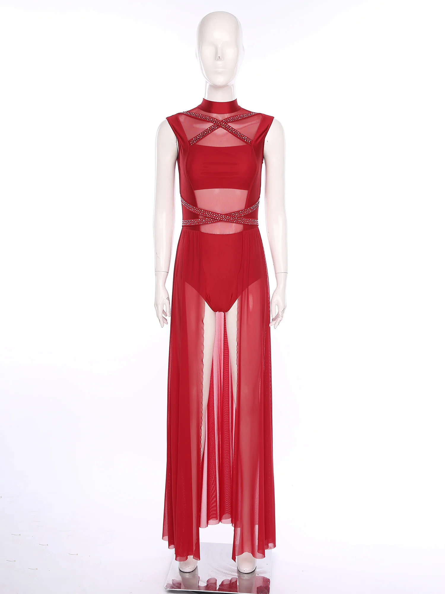 

Women Bodysuit Ballet Modern Dance Dress Sleeveless Rhinestones Flowy Split Mesh Lyric Dance Dress for Stage Performance Dancing