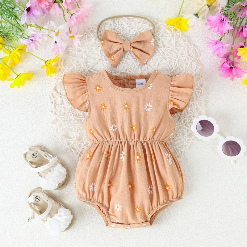 Summer Baby Rompers Sets Floral Print Short Sleeve Jumpsuit + Bowknot Headwear Suits 2Pcs Newborn Boys Girls Clothes Bodysuit