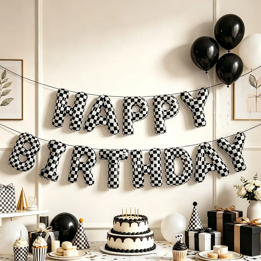 16 Zoll Rennwagen-Thema Happy Birthday Ballon-Banner Schwarz-Weiß Karierte Folienballons Rennwagen Geburtstagsparty Deko-Zubehör