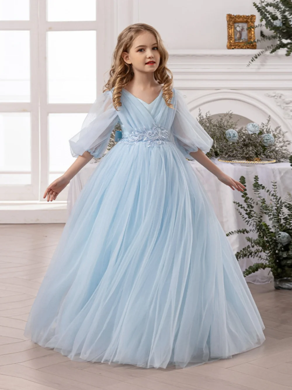 Flower Girls Dress For Wedding Elegant Vneck Puff Sleeve Princess Gown For Piano Performance Kids A-line Long Birthday Dresses