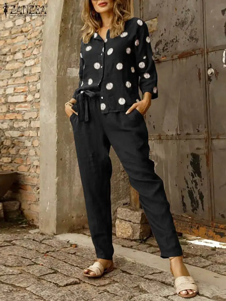 Summer Polka Dot Tracksuits ZANZEA Casual 2pcs Pant Sets Women 3/4 Sleeve Shirt Suits Elastic Waist Belted Trouser Outfits 2023