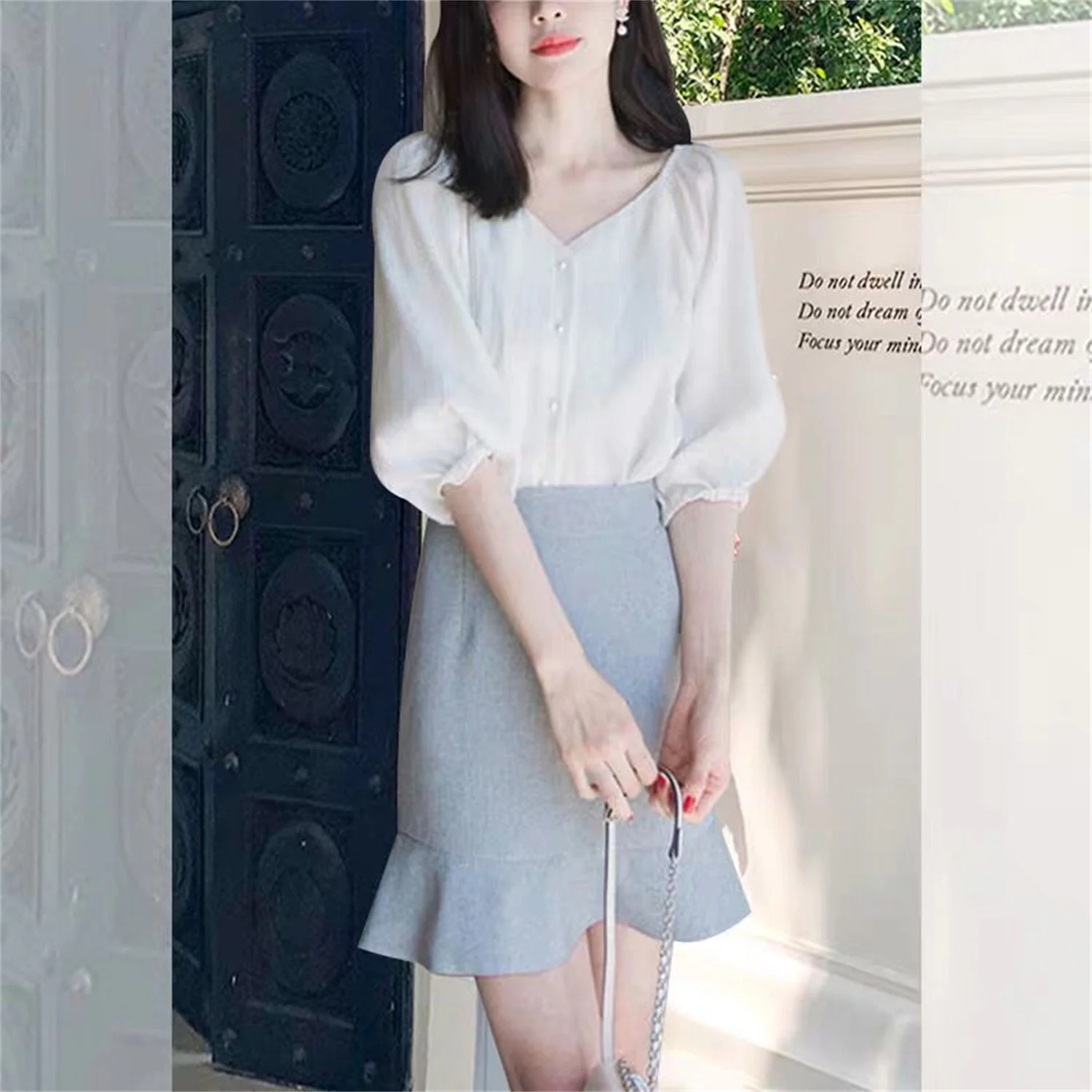 Blouse  Women  Fashion   Summer Chiffon Bubble  Sleeve  Casual