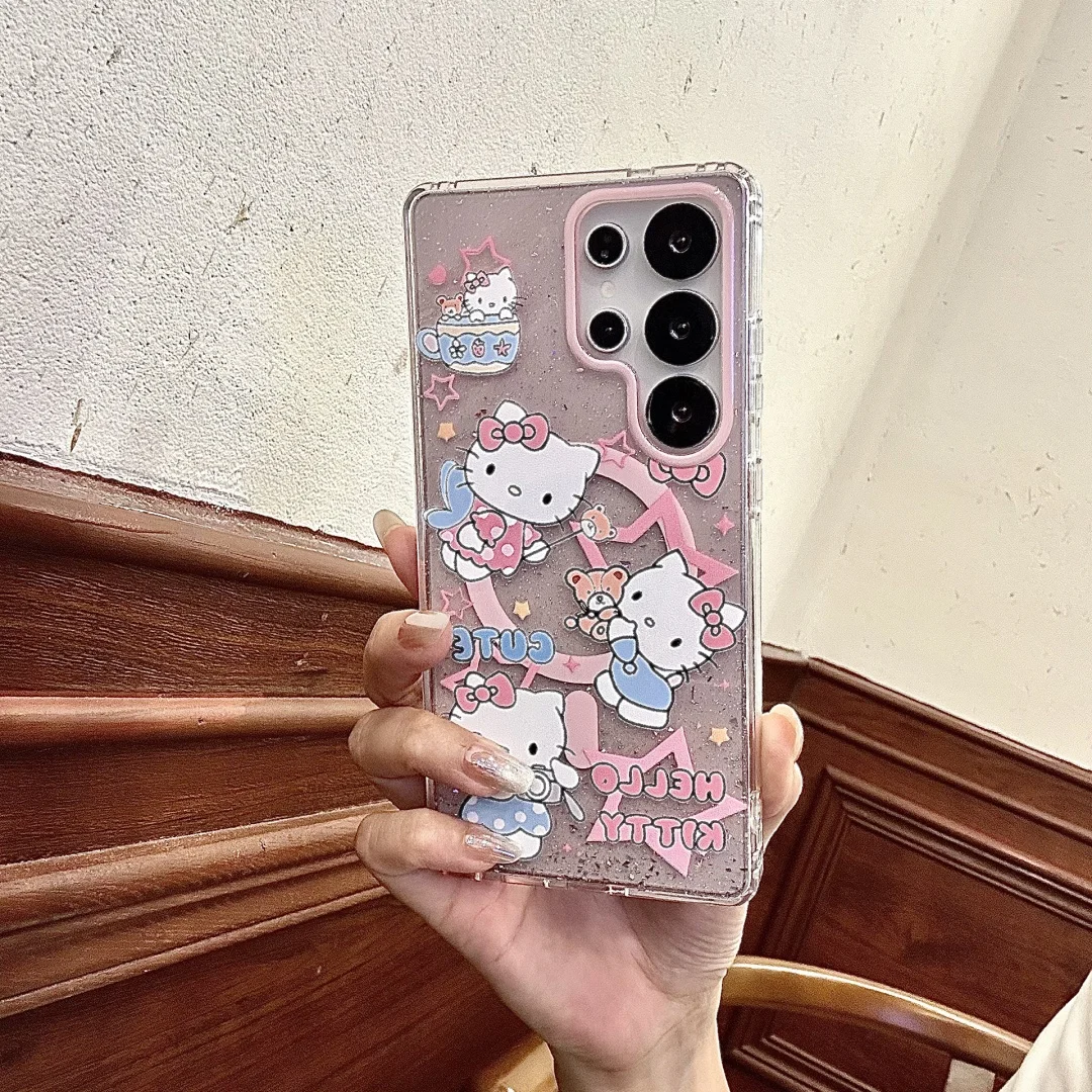 Lovely illustration Hello Kitty Magnetic holder Magsafe Wireless Charge Case For Samsung Galaxy S25 Ultra S24 Plus S23 FE Cover