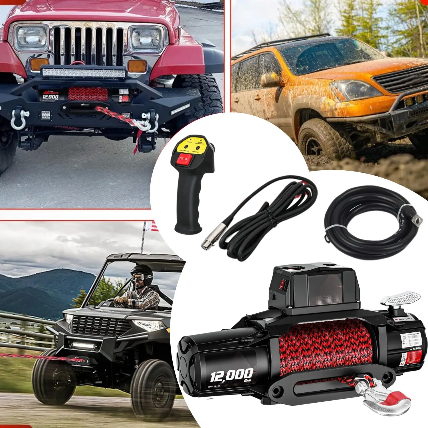 

12000lbs Electric Winch 12V for Trailer for Jeep ATV UTV Truck SUV Towing Portable Winches with Synthetic Rope 3-IN-1
