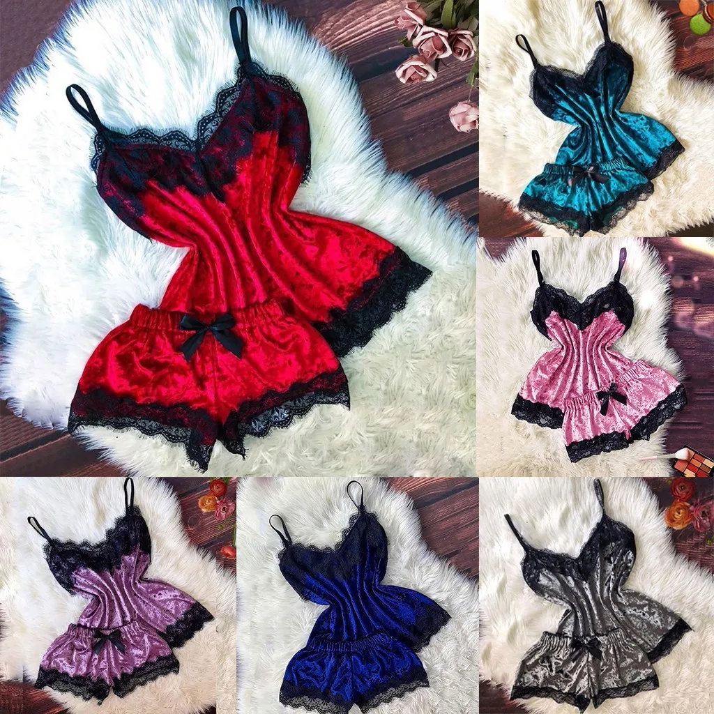 New Women Sexy Lingerie Camisole Bow Shorts V-Neck Tops Velvet Pajamas Sleepwear