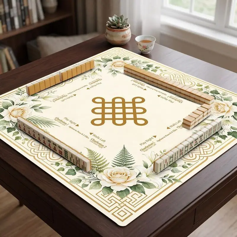 VIKAMA Light Luxury White Rose Chinese Knot Mahjong Mat Non Slip Washable Soft Pad for Home Mahjong Party