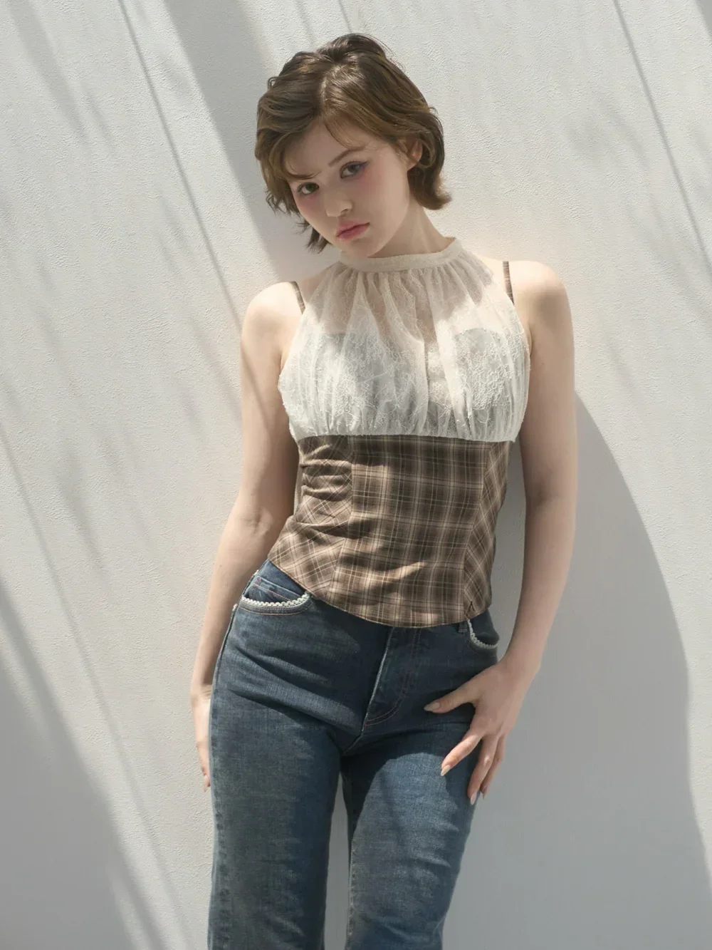 Japanese original sweet girl lace splicing plaid suspender vest summer fashionable waist daily commute slim short top