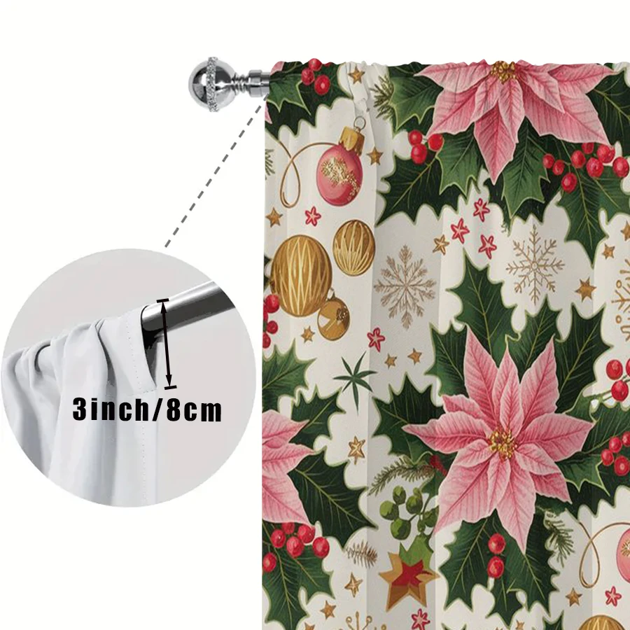2PCS Pink Poinsettia Christmas Curtains, Holly Berry Gold Ornament Winter Holiday Window Drapes for Bedroom Living Room