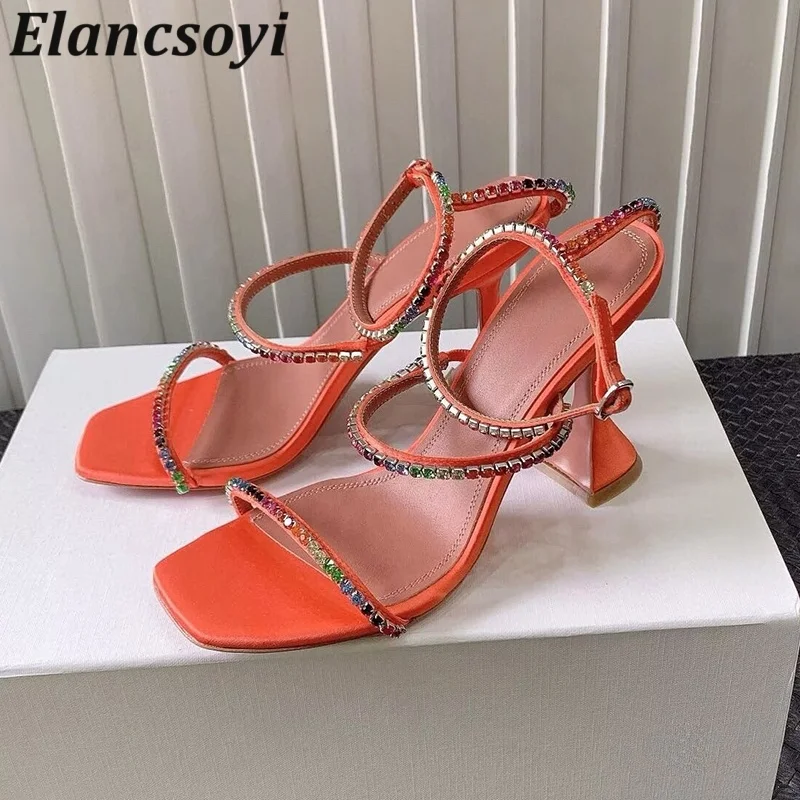 New Hot Sales Sandals Thin Strap Rhinestone Decor Sandalias Women Square Toe Thin Heels Dress Shoes Summer Party Shoes Pumps