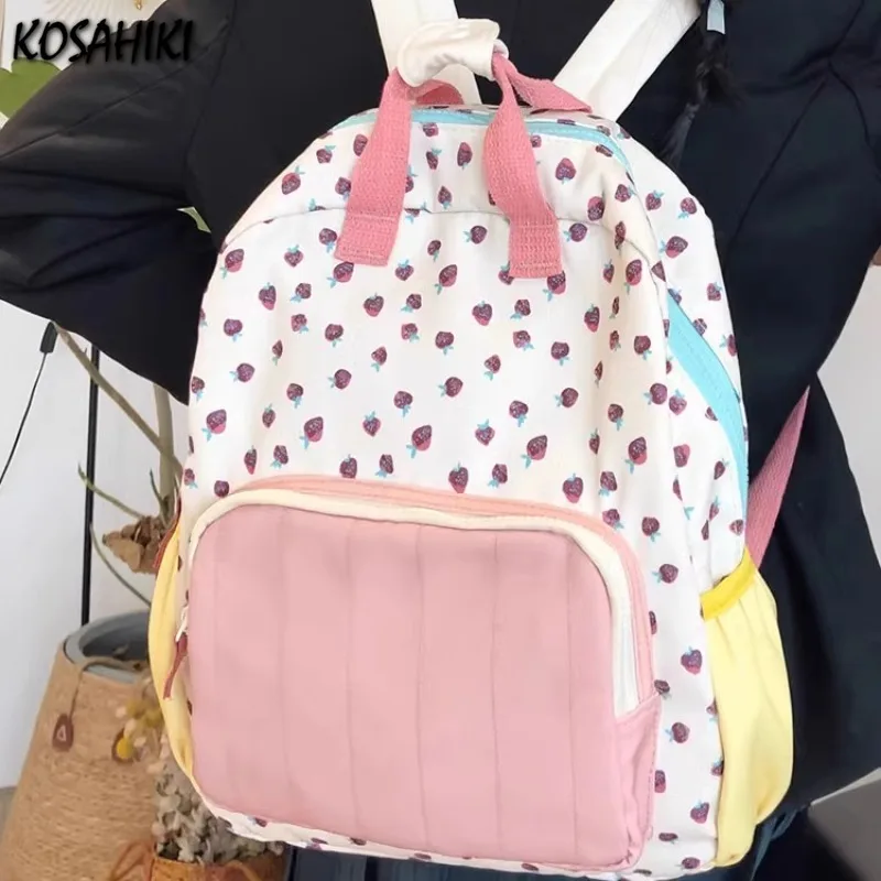 

Japanese Kawaii Cute Strawberry Print Backpack Sweet Y2k Fashion Schoolbags Preppy Contrast Color Backpacks for Women Students