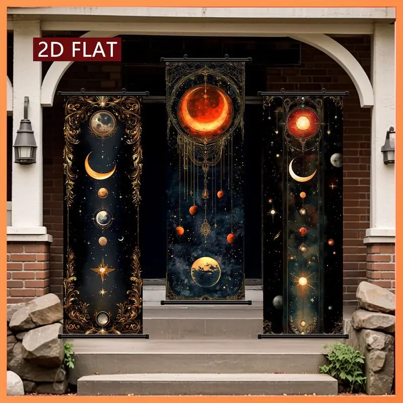 VIKAMA Mystic Celestial Wall Hanging Moon Planet Scroll Art For Bedroom Study Vintage Gold Background Home Decor