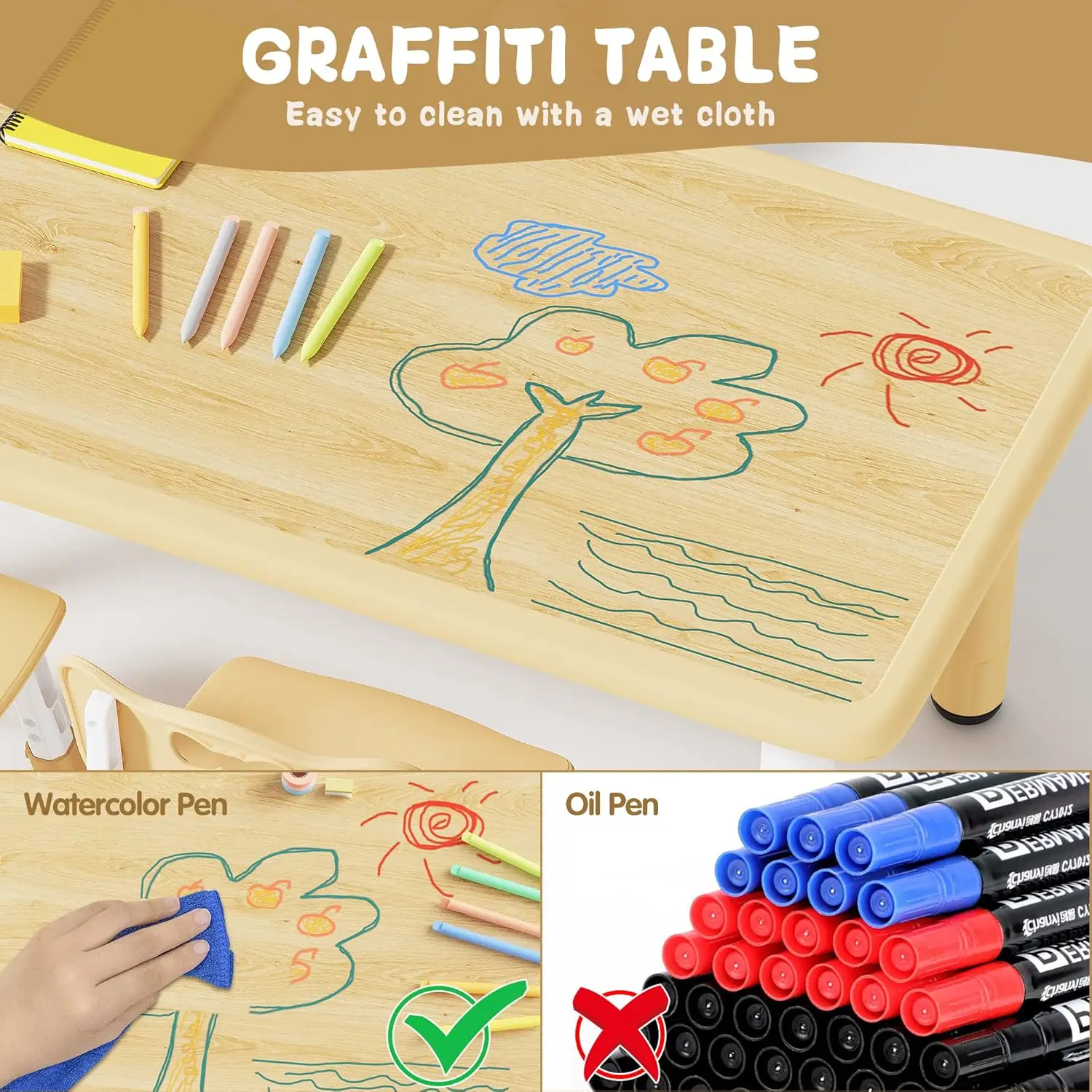 Set tavolo e sedia per bambini regolabili in altezza, Desktop Graffiti, gambe antiscivolo