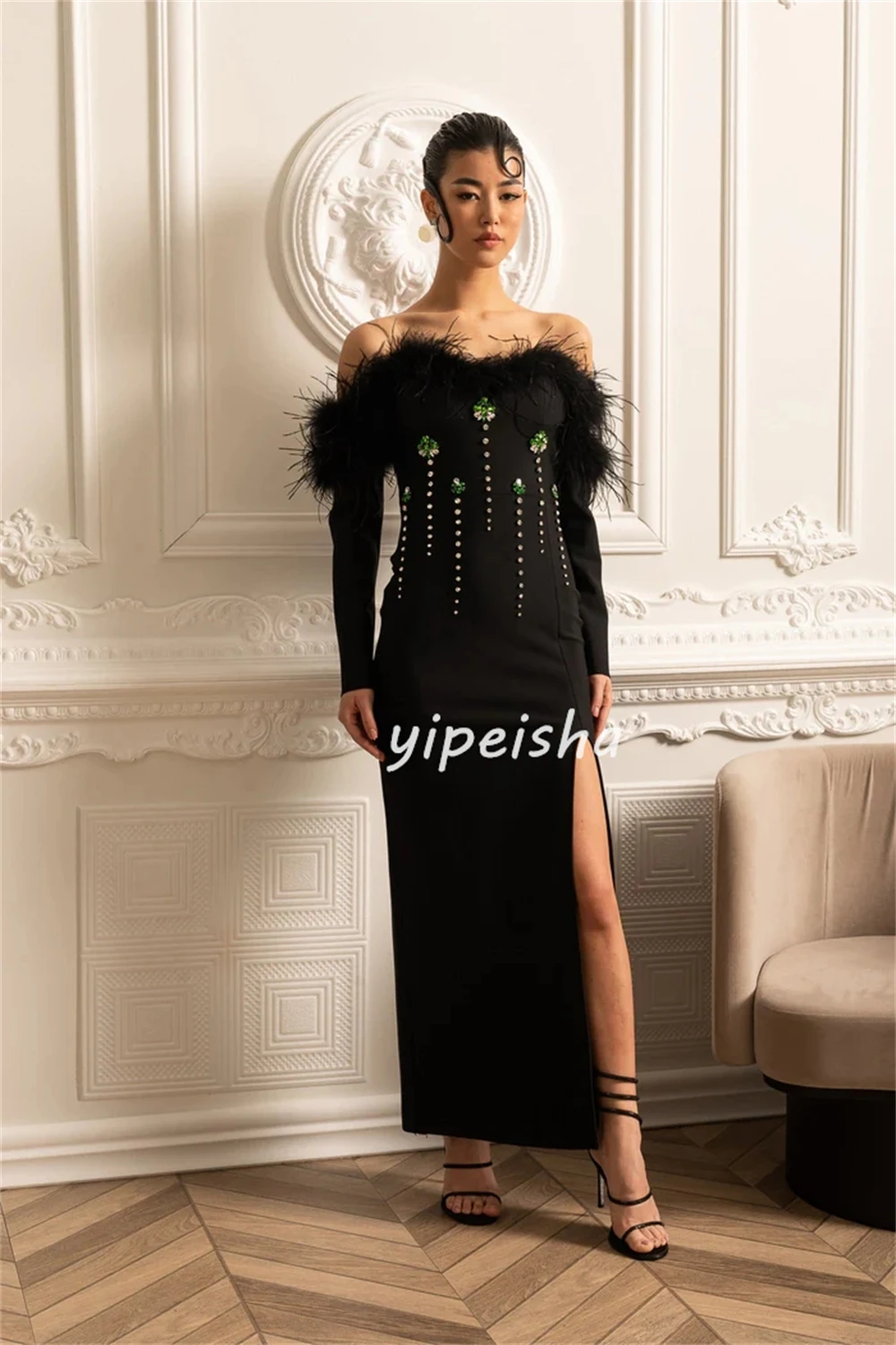 Customized Fashion Women Jersey Rhinestone Feather Straight Evening Dresses Matching Off-the-shoulder Slit Ankle Length Dresses