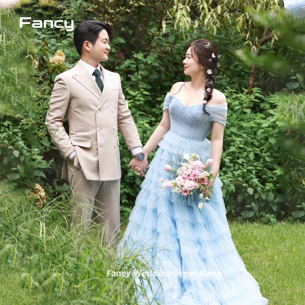 Fancy Fairy Blue Off Shoulder Korea Wedding Dress Short Sleeve A Line Bridal Gown Tiered Traps customized