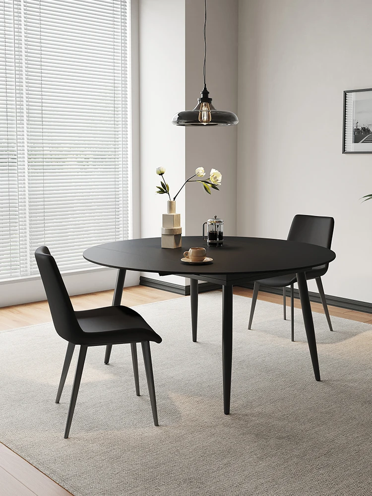 

Italian minimalist pure black telescopic rock slab dining table square and round dual-purpose small apartment living room