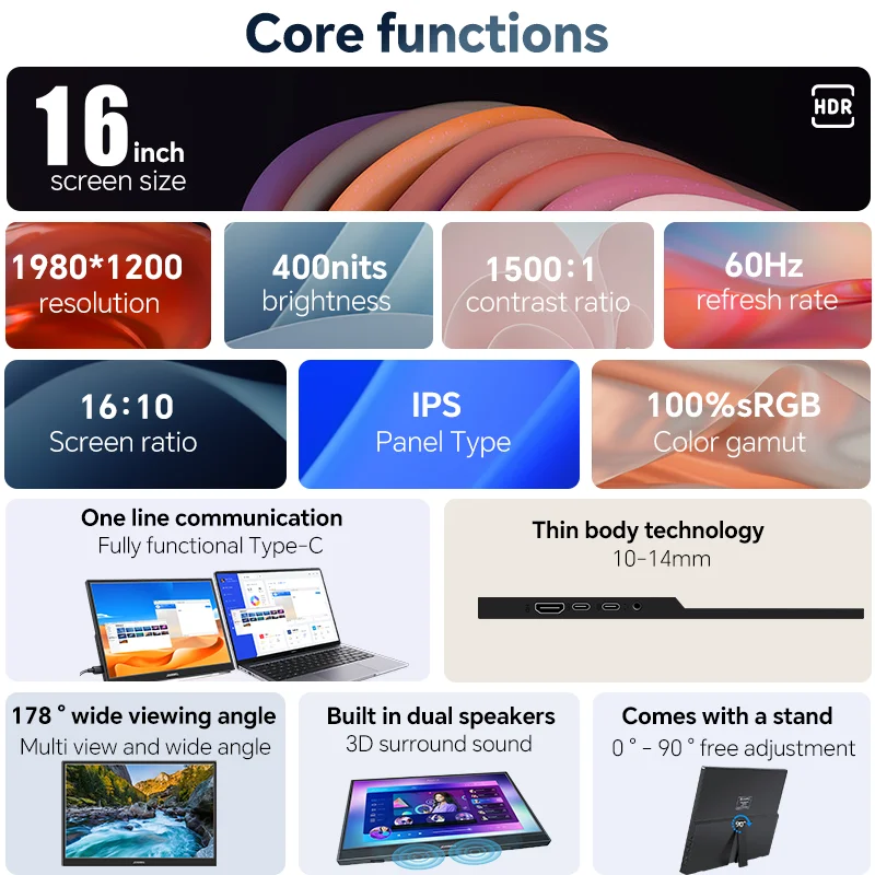 JOHNWILL-16 inch portable monitor, 1200P, HDR, 16:10,with stand， Xbox low blue light, PS4/5, switch, phone, PC, Loptop extension