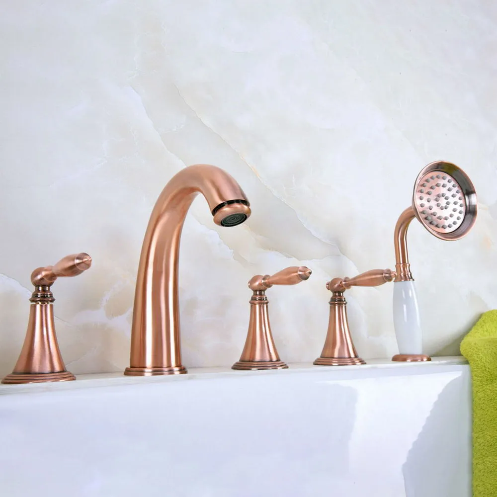 

Antique Red Copper Five Hole Deck Mounted Bathroom Tub Faucet Set with 150CM Handheld Spray Shower Mixer Tap 2tf203