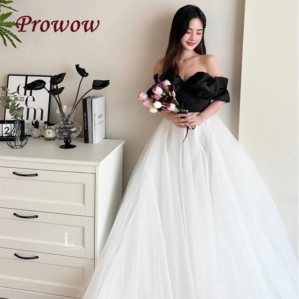 

Prowow Elegant Off the Shoulder Prom Dresses Pleats Satin A Line Korea Photoshoot Wedding Party Gowns Contrast Color Customized