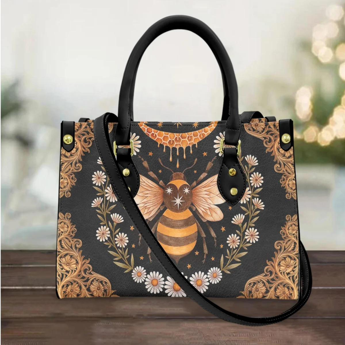 

Bee Sunflower Pattern Messenger Bag Ladies 2023 New Long Shoulder Strap Bee Luxury Design Handbag Fashion Portable PU Tote Bags
