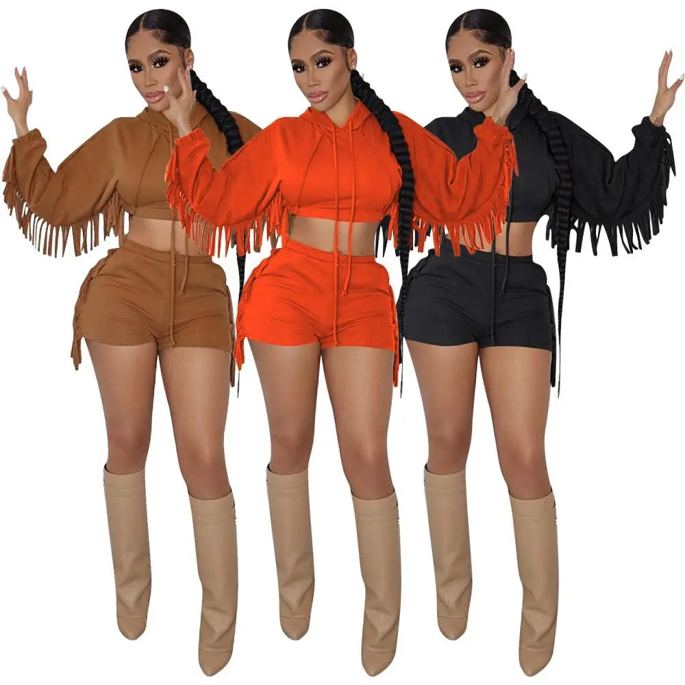 Shorts Pant Set Women Two Piece Sets Hooded Matching Sets Tassel Casual Tops Short Pants Lace Up Elastic Waist Summer 2025